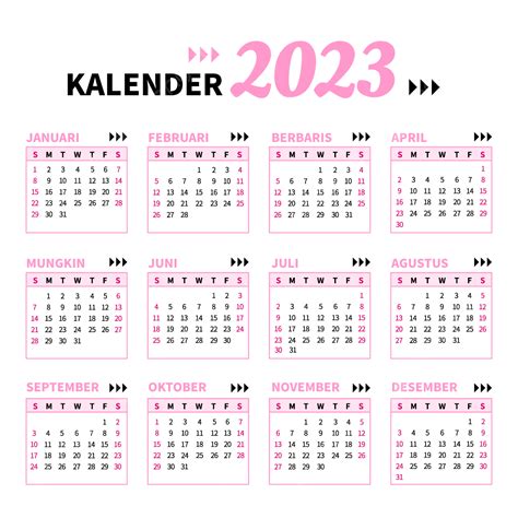 Gambar Template Kalender Bahasa Indonesia 2023 Berwarna Pink Single