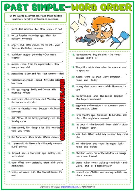 Past Simple Tense ESL Word Order Exercise Worksheet