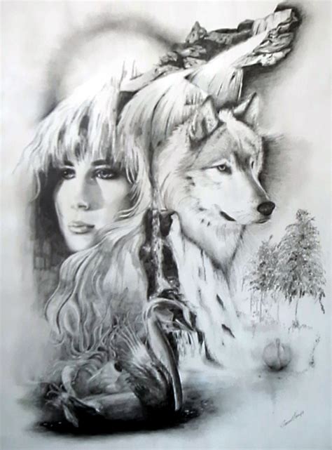 A contemporary painting of a native american woman with fractals streaming from the feathers in her hair leading down to the images of howling wolves. Lady And The Wolf By CLEMENT TSANG | Animal drawings, Wolf ...