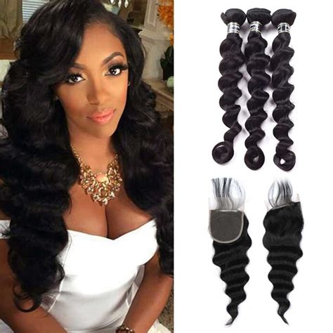 Amazing Star Loose Wave Brazilian Virgin Hair 3 Bundles With Closure Free Part 141618 With
