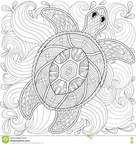 Turtle In Ocean Waves Zentangle Style Vector Illustration