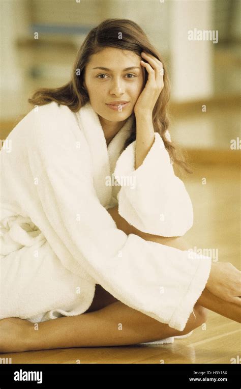 Woman Bathrobe Sit Relax Floor Model Released Young Dressing Gown