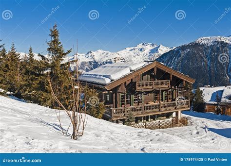 Alpine Ski Resort With Chalet And Trees Stock Image Image Of
