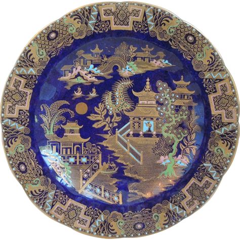 Carlton Ware Porcelain Chinoiserie Blue Plate With Asian Scene