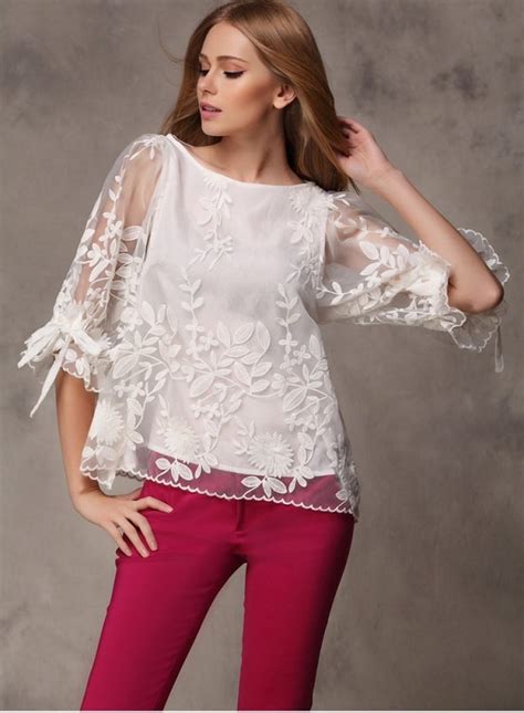 White Blouse Shirts Embroidery Chiffon Shirt Loose Sleeve Unique Style