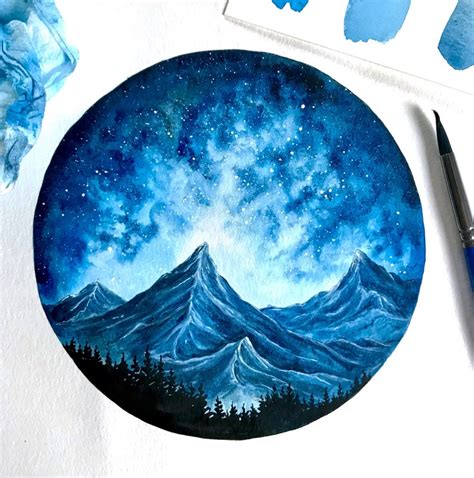 Watercolor Fine Art Print Blue Galaxy Circle Etsy