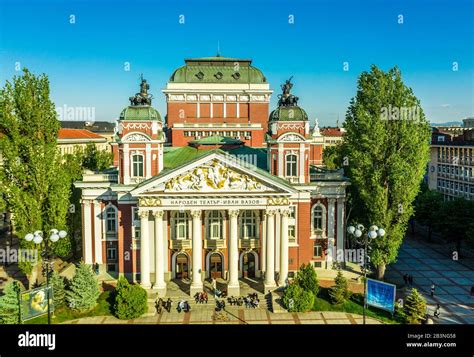 Aerial View By Drone Of Ivan Vazov National Theatre Sofia Bulgaria