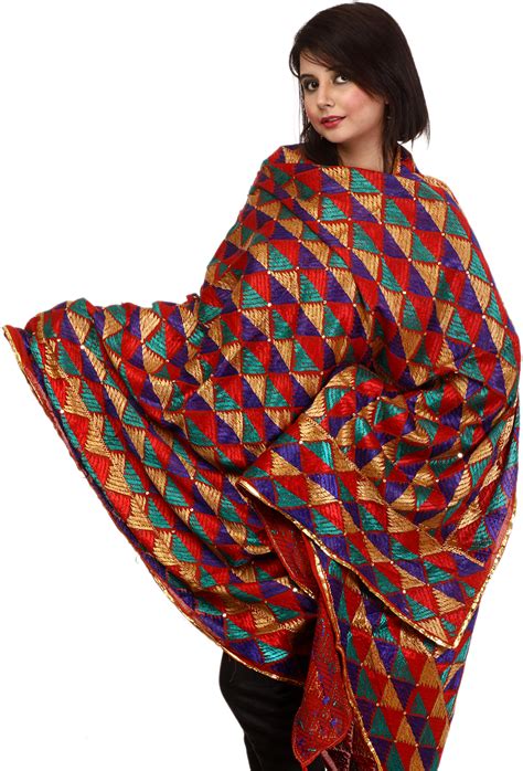 Multi Color Phulkari Dupatta From Punjab With All Over Hand Embroidery