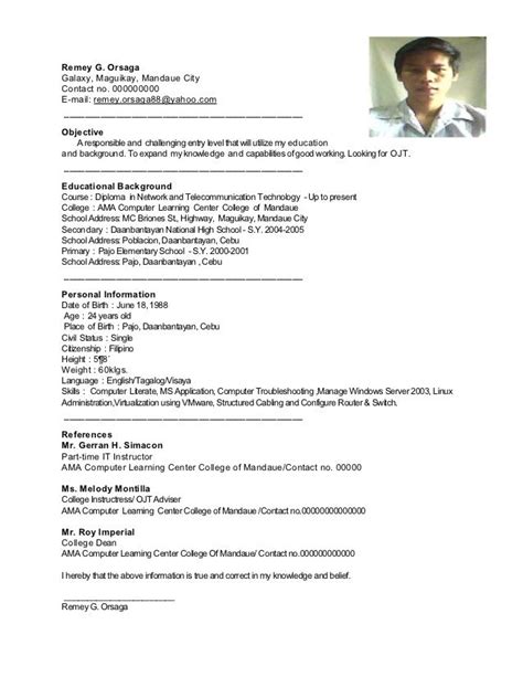 Sample Resume Tagalog Biodata Form Sample Resume Format Download