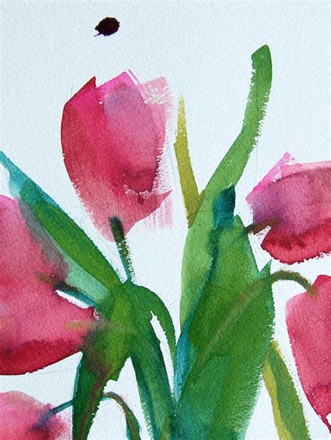 Pink Tulips Original Watercolor Floral Painting Por Prattcreekart