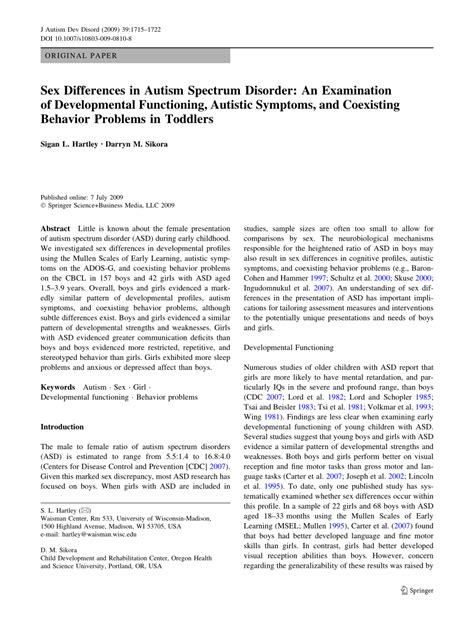 Pdf Sex Differences In Autism Spectrum Disorder An Examination Of