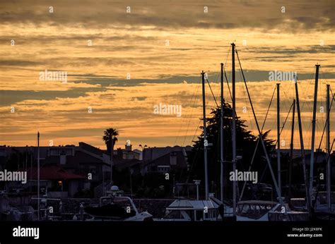 Many Boats On Marina During Sunset With Mountains In Oxnard California