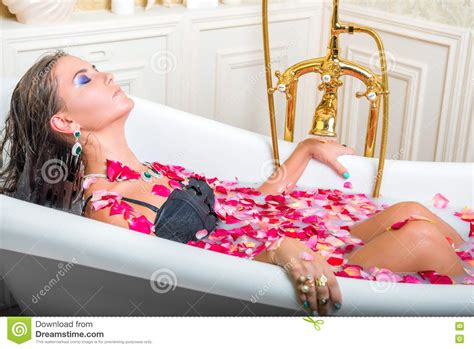 Beautiful Woman Lying In Bath With Flowers Stock Photo Image Of Bath