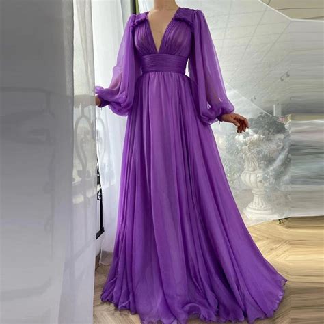 Elegant Purple Silk Chiffon Prom Dresses Long Puff Sleeves A Line V