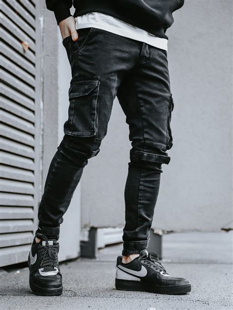 Black Skinny Cargo Pants Mens Streetwear Monocloth Monocloth