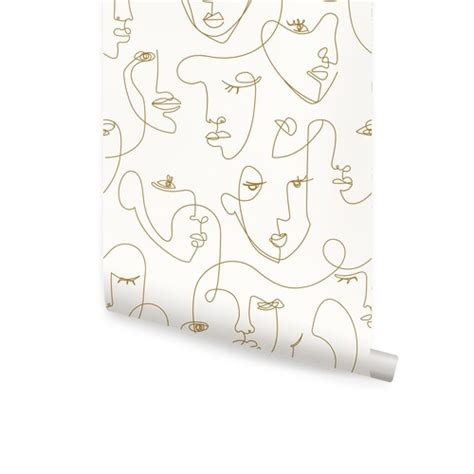 Minimalist Faces Line Art Gold Peel And Stick Fabric Wallpaper Etsy