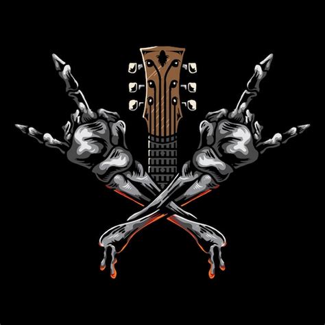 Premium Vector Crossed Skull Hands Rock And Roll Isolated With Guitar