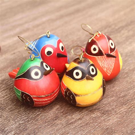 Handmade Folk Art Gourd Bird Ornaments Set Of 4 Bright Songbirds
