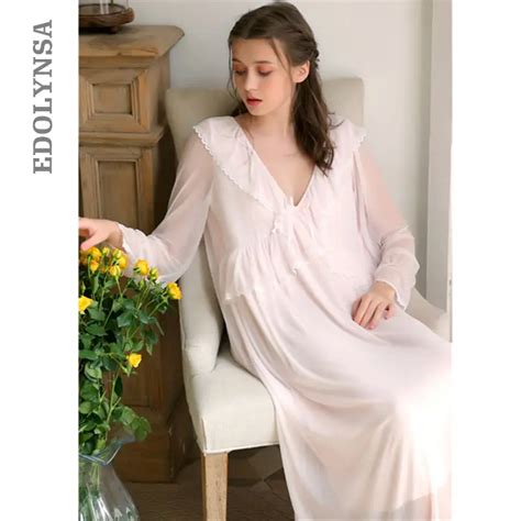 2019 Spring Sleepwear Women Across Lace Ruffled Night Dress Vintage Nightgown Women Home Wear