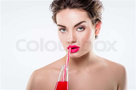 Fashionable Nude Girl Holding Bottle With Sweet Drink And Straw