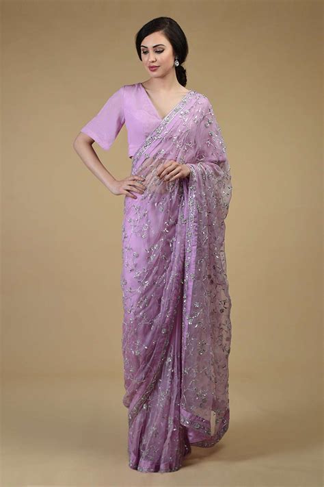 Buy Talking Threads Purple Organza Embroidered Saree With Blouse Online Aza Fashions