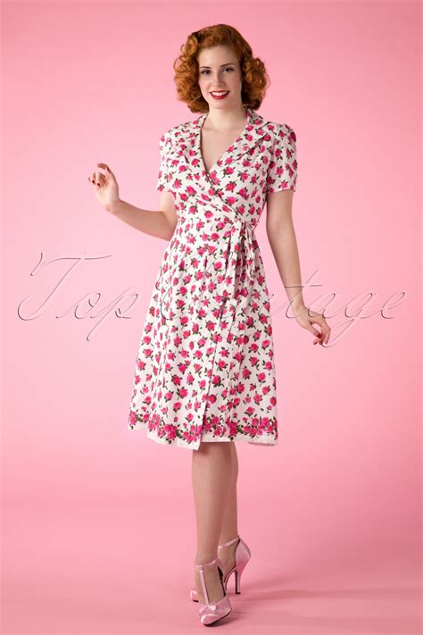 40s Peggy Pink Rose Wrapover Dress In White