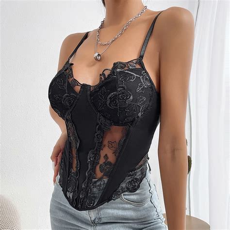 women punk goth floral lace bodysuit sexy lingerie sleepwear mesh lace floral see through