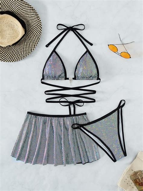 SHEIN SXY Sparkly Glitter Bikini Set Micro Triangle Bra Top Thong