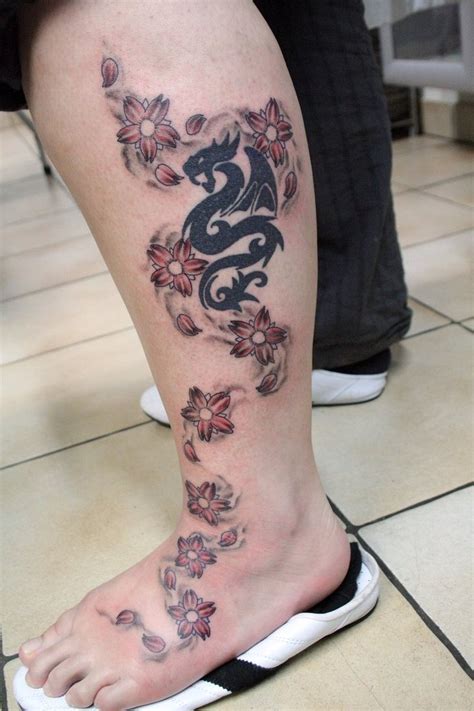 Cherry Blossom With Black Dragon Tattoo Design Tattoos Book 65000