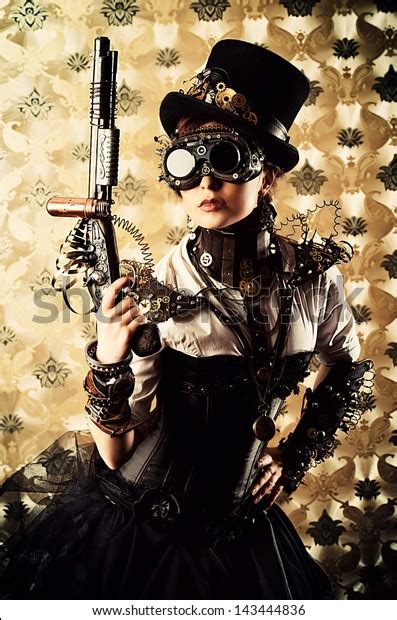 Portrait Beautiful Steampunk Woman Holding Gun Stock Photo