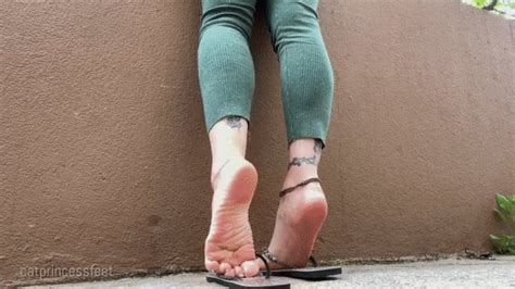 Flip Flops Leggings Sitting On Top Of Fence Above You White Toes Milf