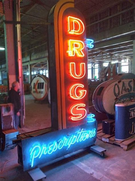 Antique 1940s Drugs Prescriptions Neon Sign Double Sided Barrel Vault