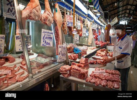 A Butcher S Stall With A Display Of Meat In Athens Central Market Stock