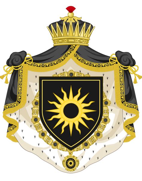A Coat Of Arms With A Crown And Sun On It