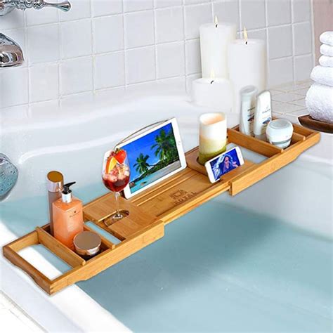 Luxury Wooden Bath Tray Caddy Bamboo Over Bathtub Shelf Etsy