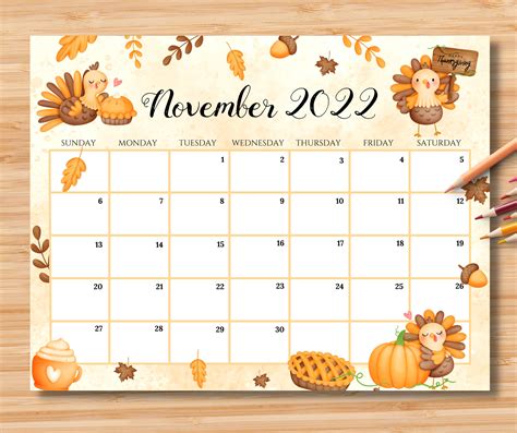 Editable November 2022 Calendar Happy Thanksgiving Planner Etsy Singapore