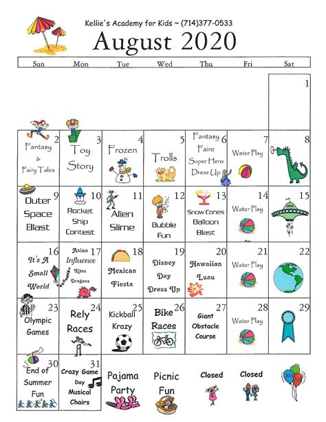 August Preschool Calendar