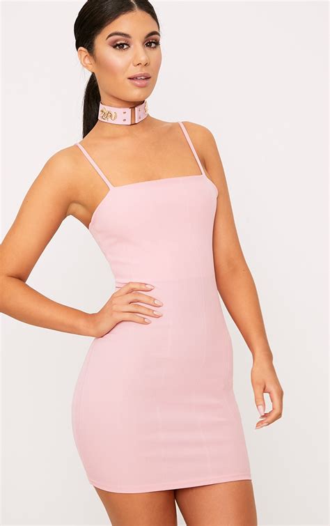 pink straight neck bandage bodycon dress prettylittlething ca