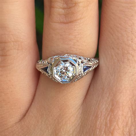 18k White Gold Diamond And Sapphire Vintage Engagement Ring By Belais