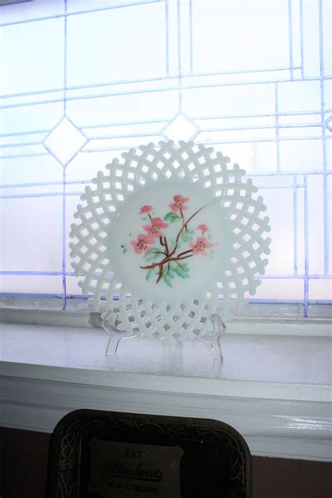 Vintage Lattice Edge Milk Glass Plate With Hand Painted Flowers