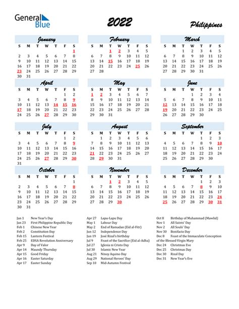 2022 Philippines Calendar With Holidays