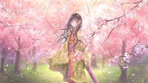Download Wallpaper 1920x1080 Girl Kimono Umbrella Sakura Petals