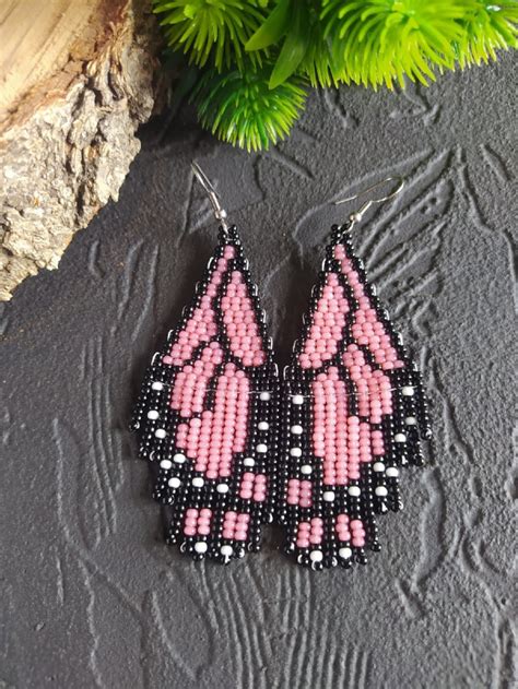 Pink Butterfly Earrings Beaded Butterfly Fringe Earrings Etsy