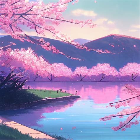 Premium Photo Japanese Cherry Blossom Trees And Lake Landscape Anime