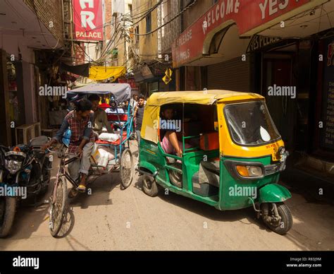 Street Scene At Sangatrashan Bazar Tuk Tuks The Indian Taxis At The Narrow Streets New Delhi