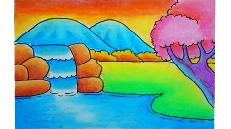 Sketsa untuk mewarnai gambar pemandangan alam air terjun (sumber: Cara menggambar dan mewarnai pemandangan air terjun dan ...