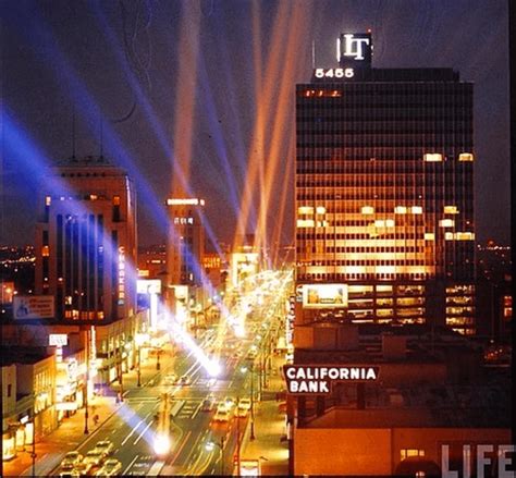 A String Of Searchlights Pierce The Night Sky Along Wilshire Blvd From