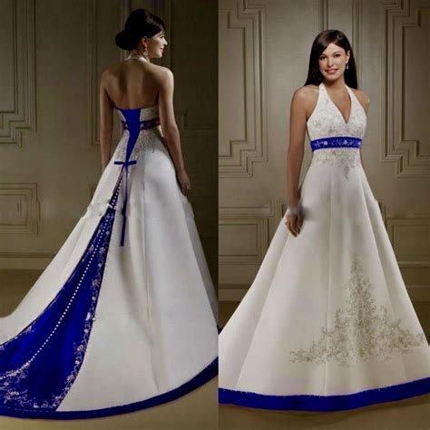 Wedding Dresses White And Royal Blue Rohmbridal Embroidery Satin