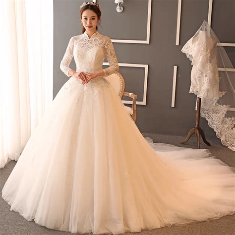 2017 Korean Style White Lace Long Sleeve Backless Wedding Party Dresses