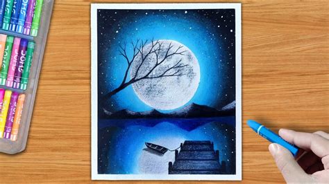 Drawing With Oil Pastel Easy Moonlight Night Scenery Drawing With Oil